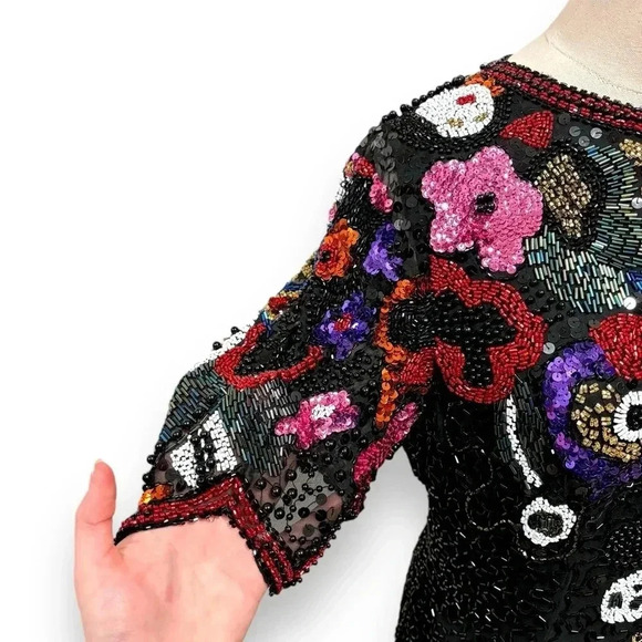 Vintage Retro 80's Silk Hand Beaded Sequin Black Niteline Evening Midi Dress 12 - Picture 5 of 13